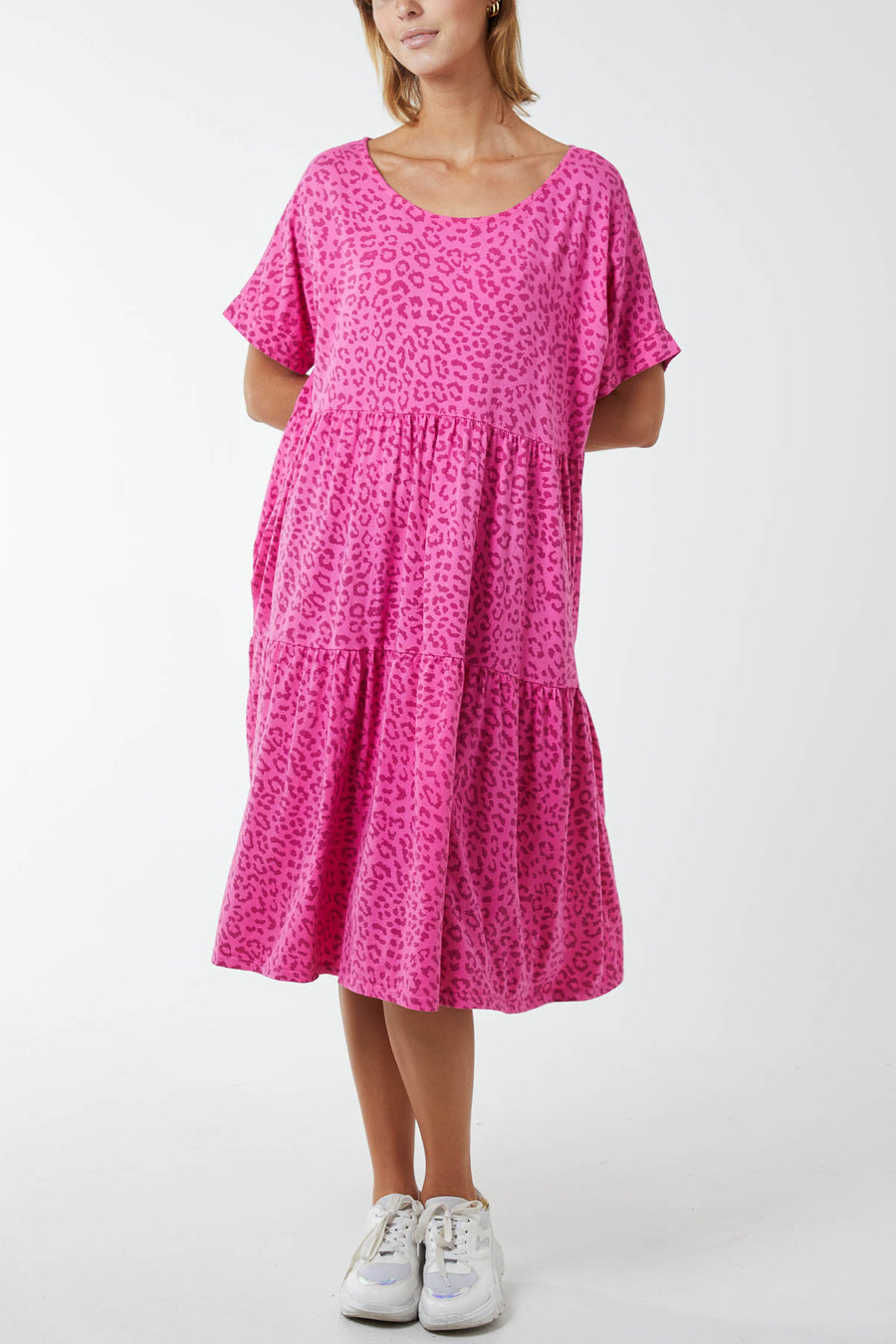Scoop Neck Leopard Print MIdi Tiered Dress
