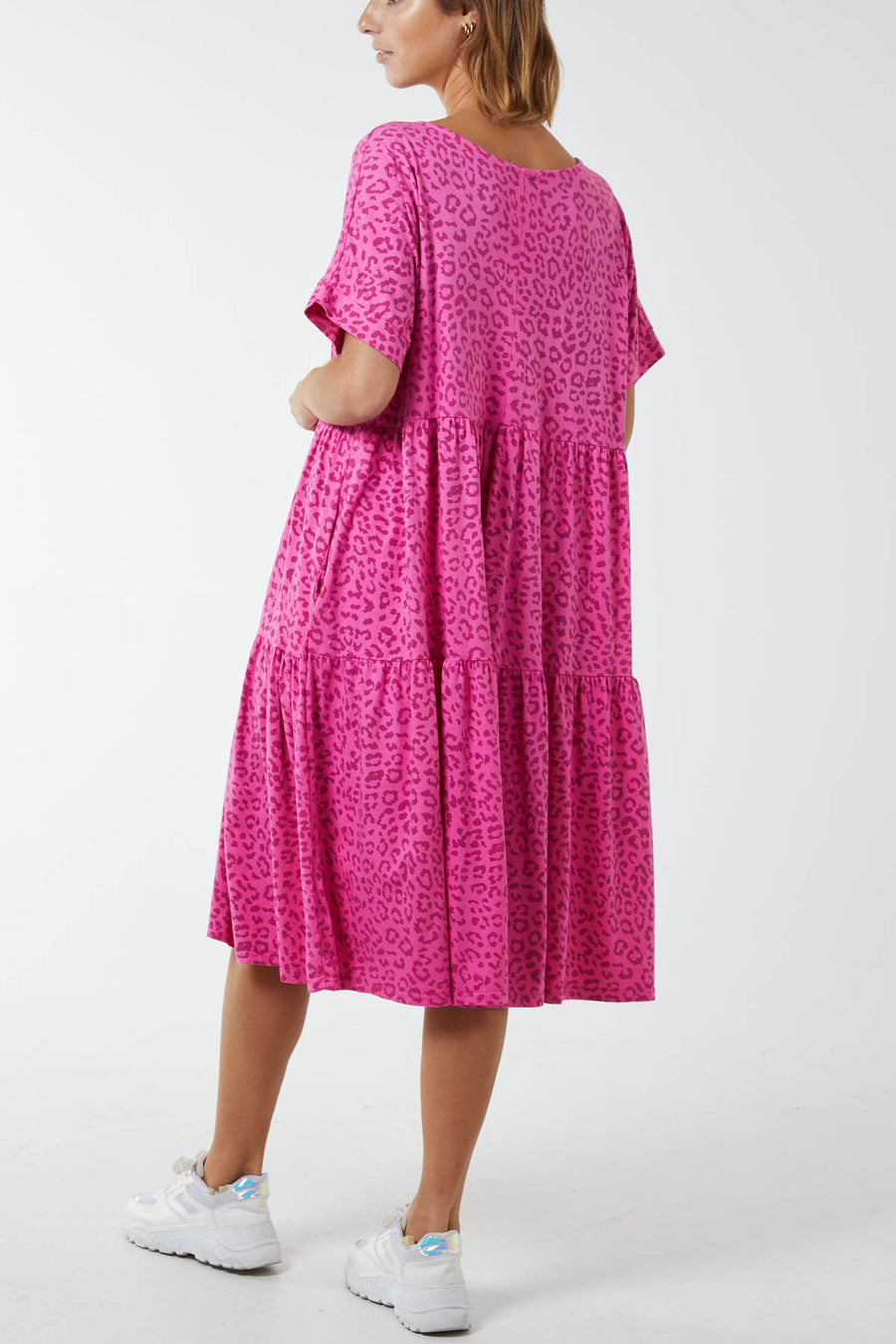 Scoop Neck Leopard Print MIdi Tiered Dress