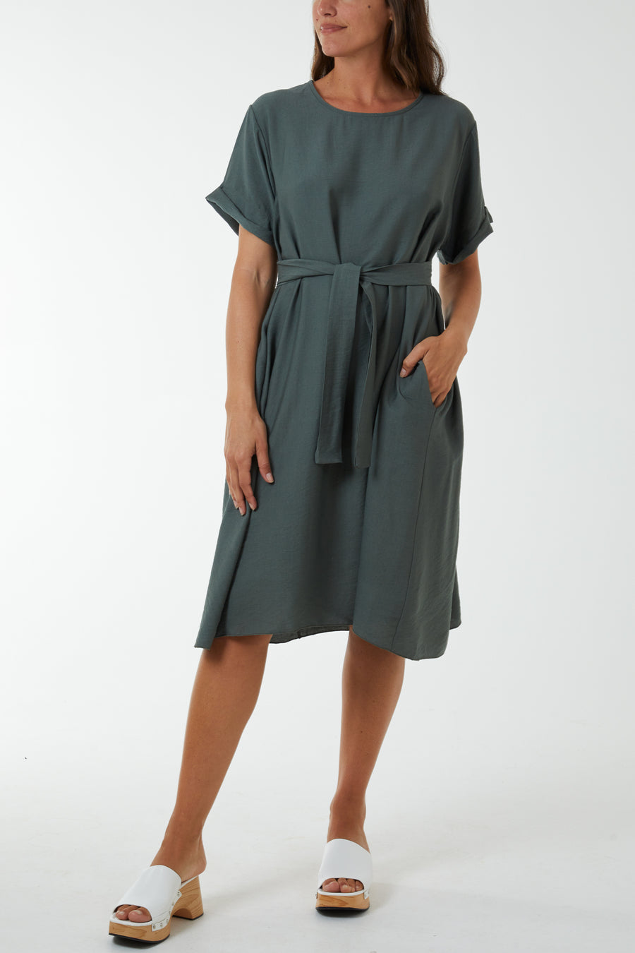Charcoal Belted Dress with Necklace