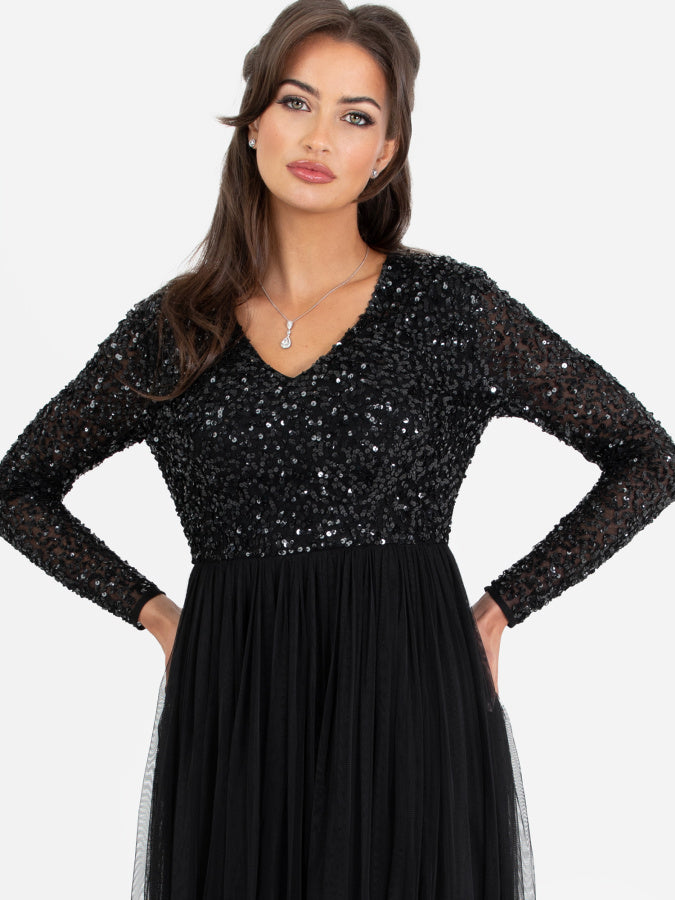 Maya Black Embellished Long Sleeve Maxi Dress