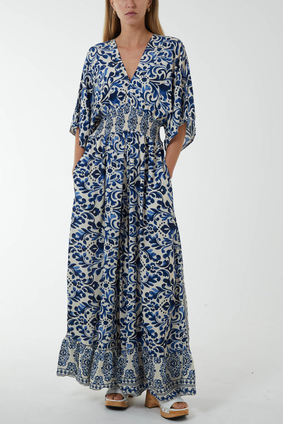 V-Neck Tie Back Shirred Jumpsuit