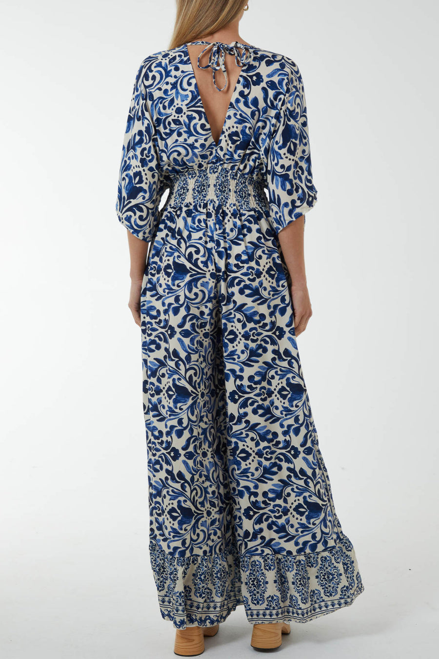 V-Neck Tie Back Shirred Jumpsuit