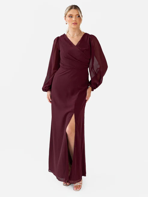 Anaya Maroon Faux Wrap Blouson Sleeve Maxi Dress