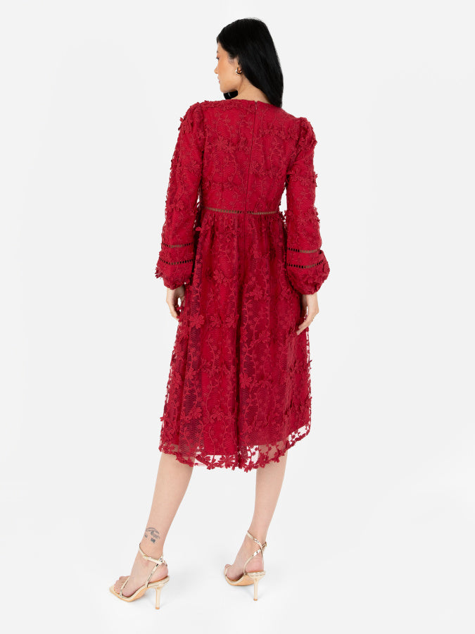 Maya 3D Floral Embroidered Midi Dress