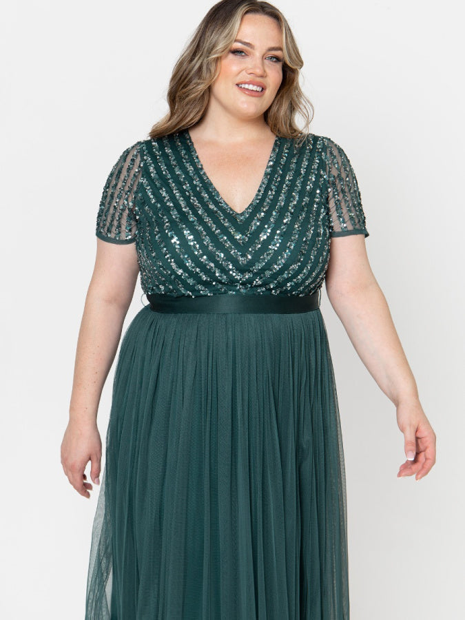 Maya Deluxe Green V Neck Stripe Embellished Maxi Dress