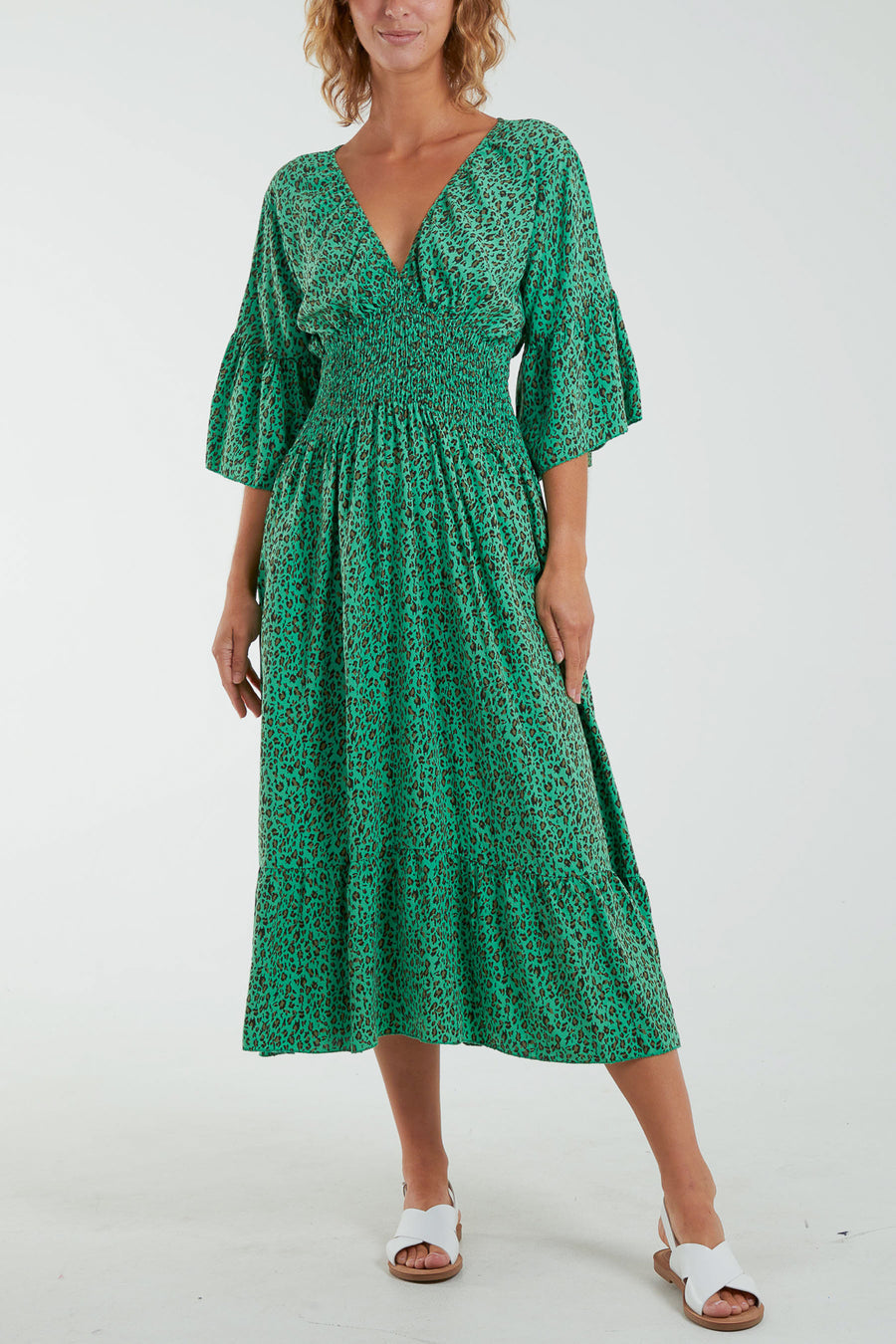 Leopard Print Shirred Bodice Midi Dress