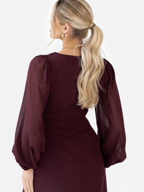 Anaya Maroon Faux Wrap Blouson Sleeve Maxi Dress