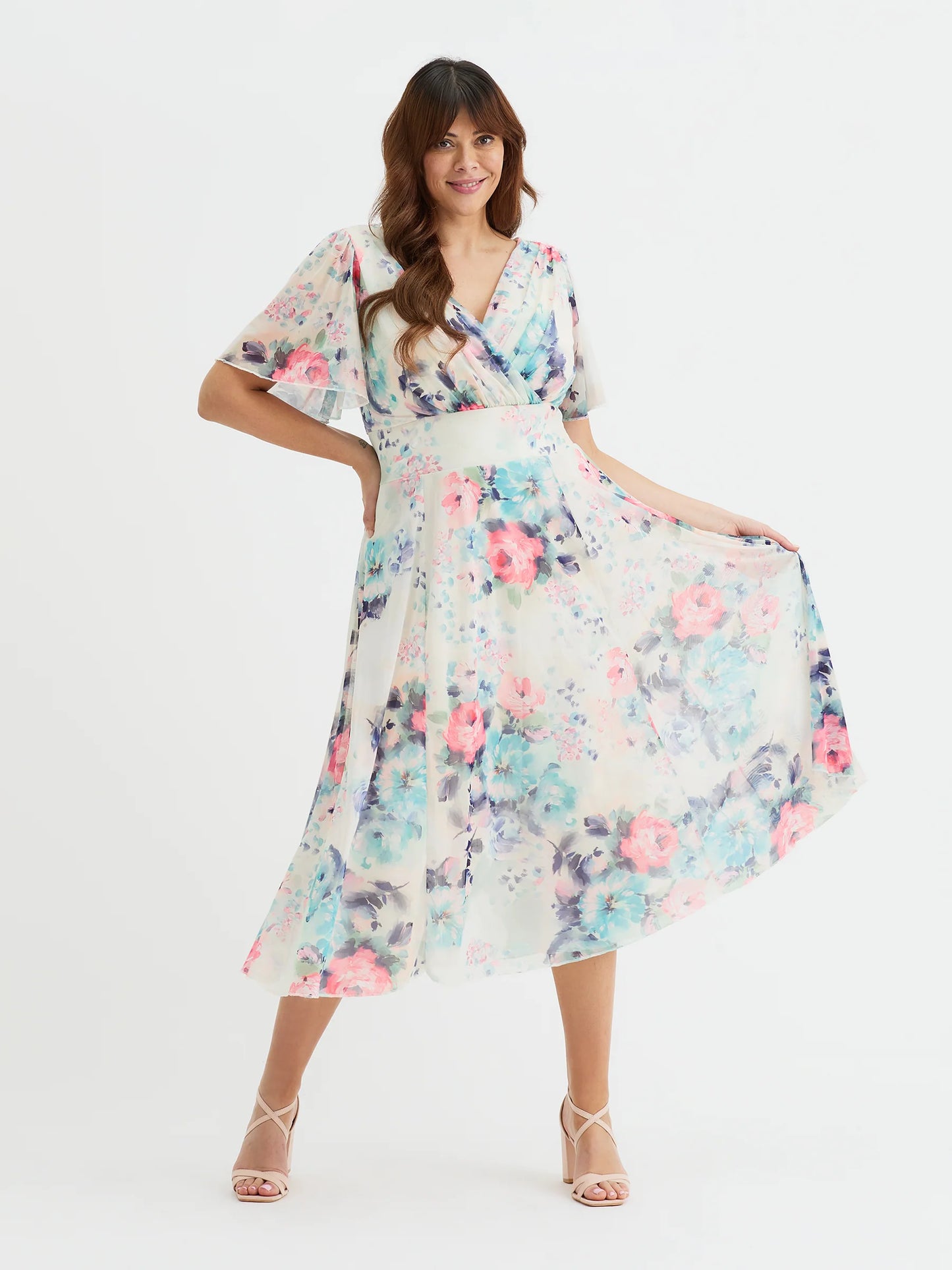 Scarlett & Jo Victoria Ivory Turquoise Coral Midi Dress