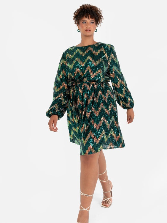 Lovedrobe Zig Zag Sequin Belted Mini Dress