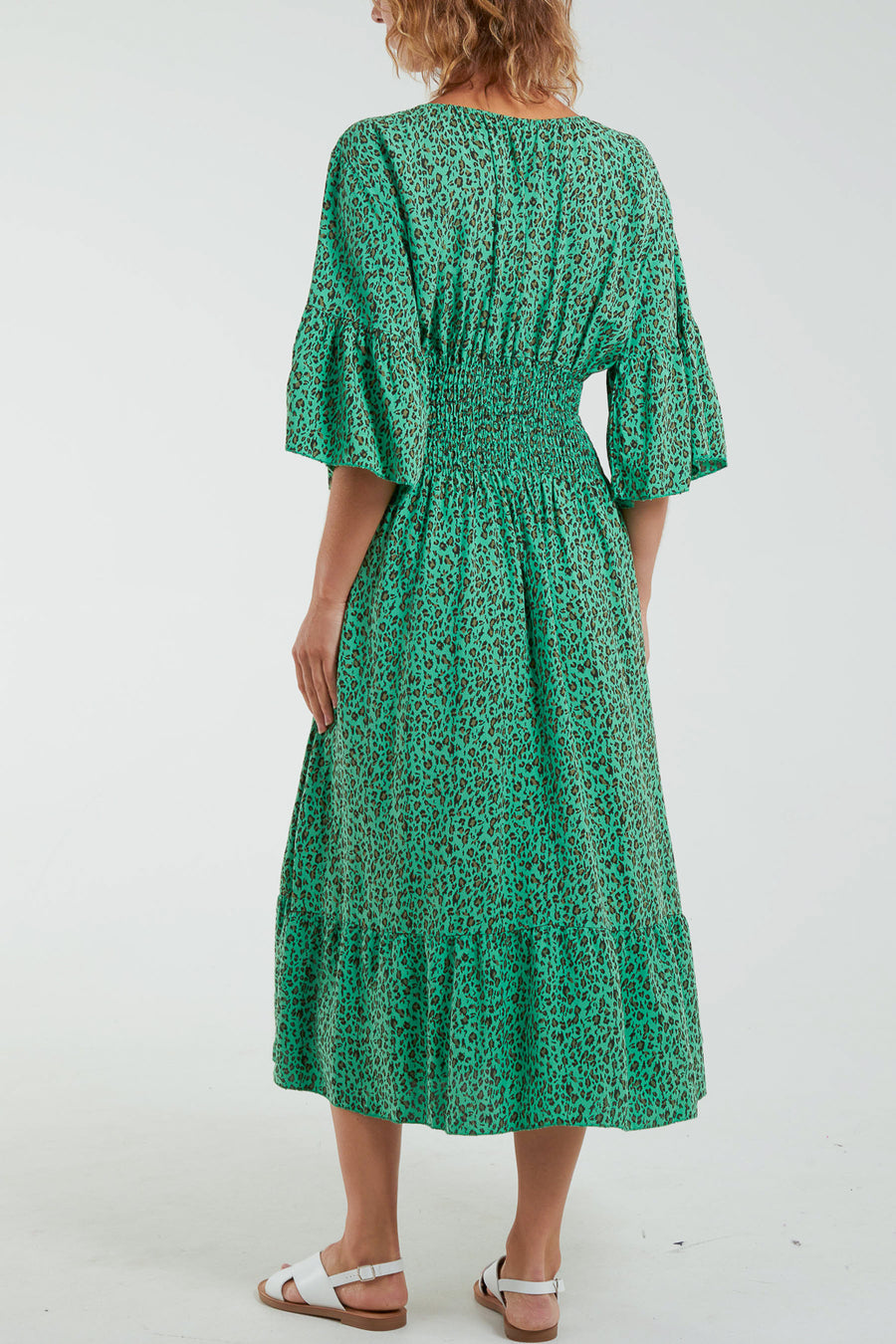 Leopard Print Shirred Bodice Midi Dress
