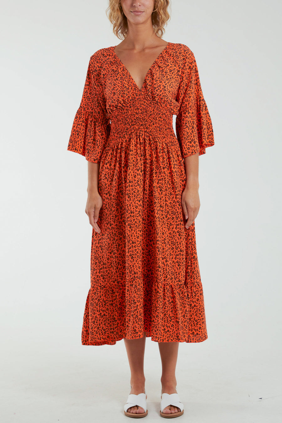 Leopard Print Shirred Bodice Midi Dress