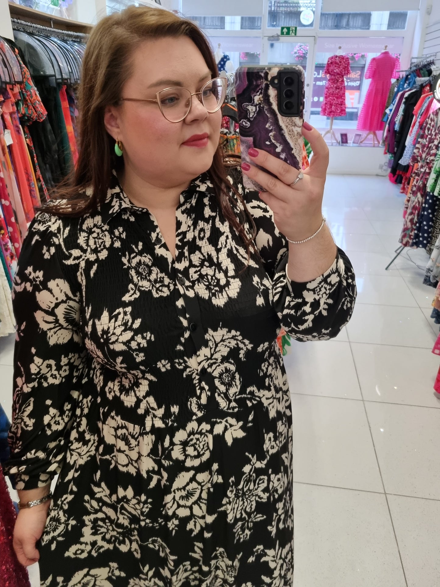 Shirred Waist Long Sleeve Midi Shirt Dress