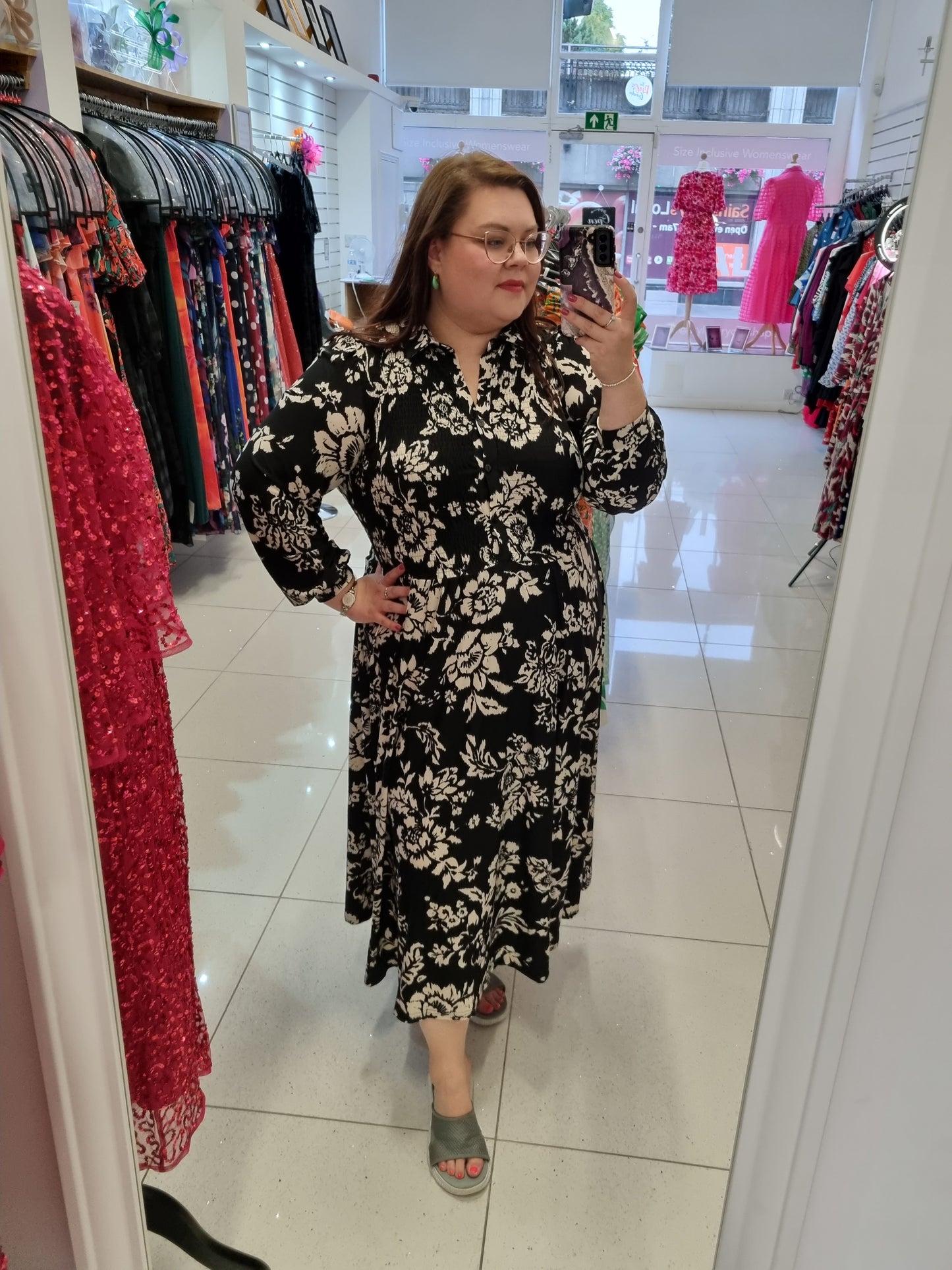Shirred Waist Long Sleeve Midi Shirt Dress