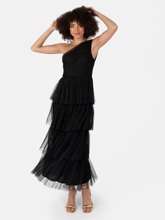 Anaya Black One Shoulder Tiered Midaxi Dress
