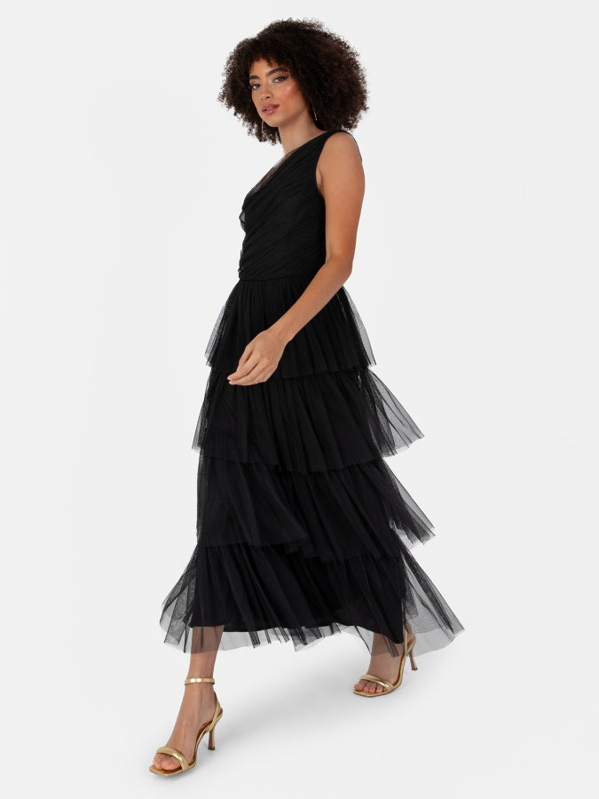 Anaya Black One Shoulder Tiered Midaxi Dress
