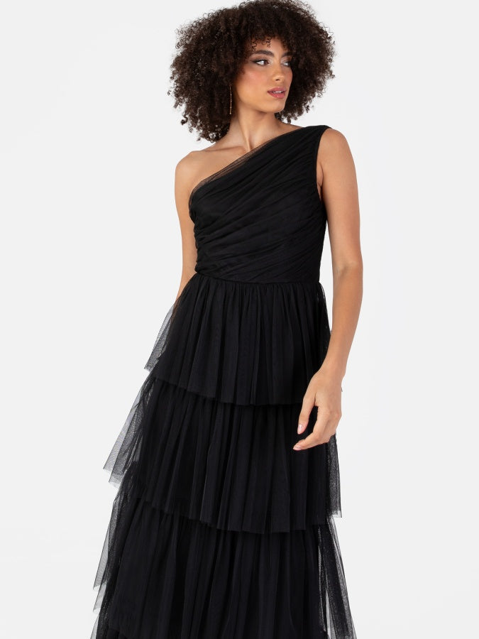 Anaya Black One Shoulder Tiered Midaxi Dress