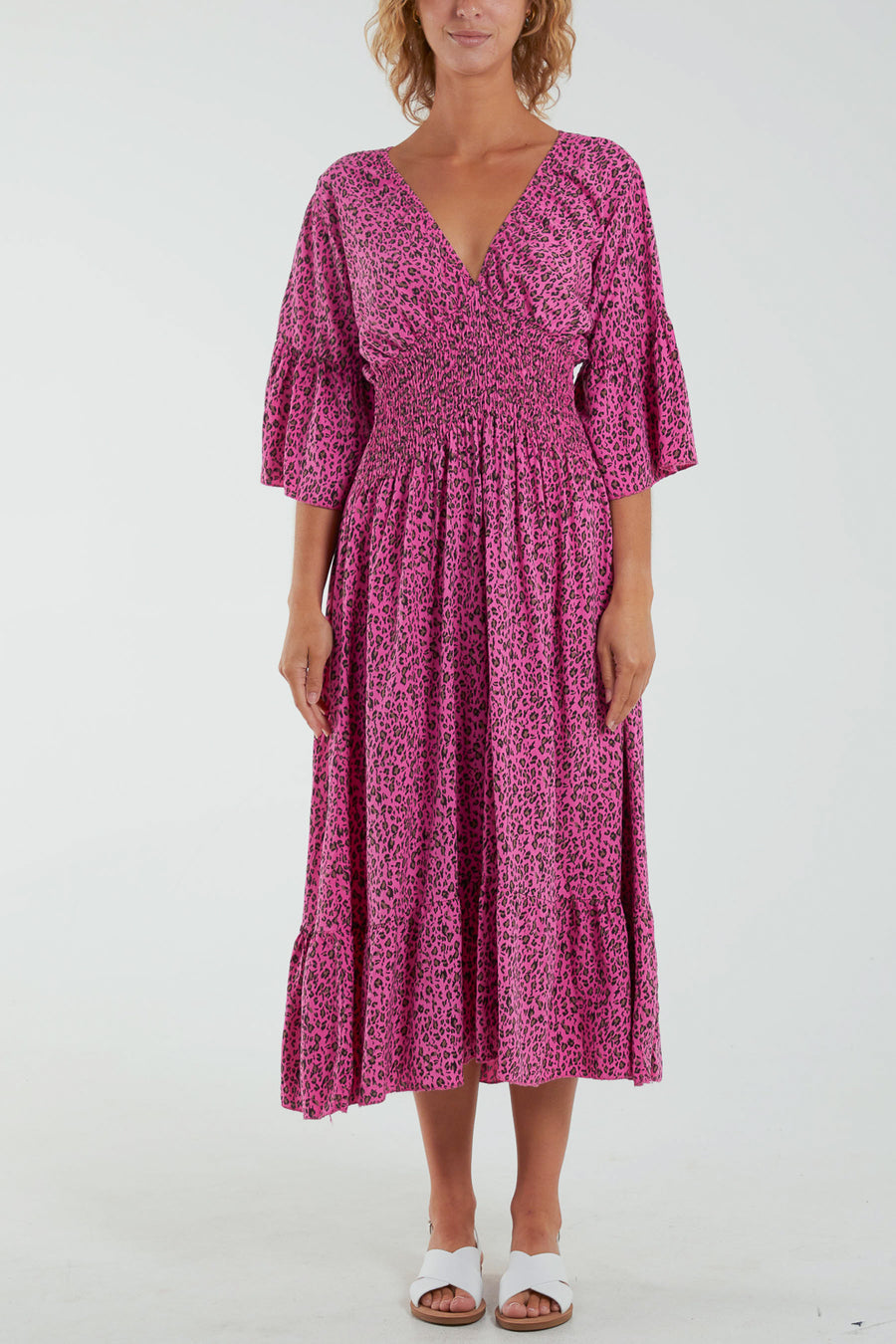 Leopard Print Shirred Bodice Midi Dress
