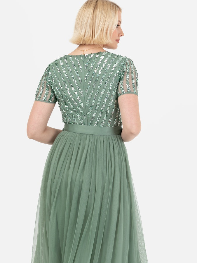 Maya Dark Sage Stripe Embellished Maxi Dress With Sash Belt