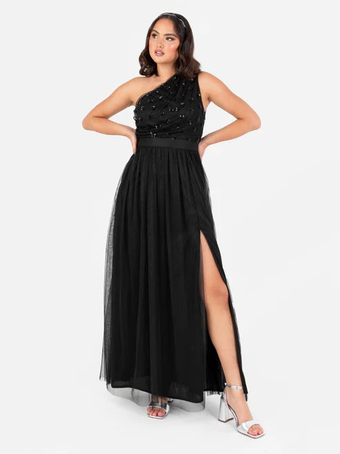 Maya Black Floral Embellished One Shoulder Maxi Dress