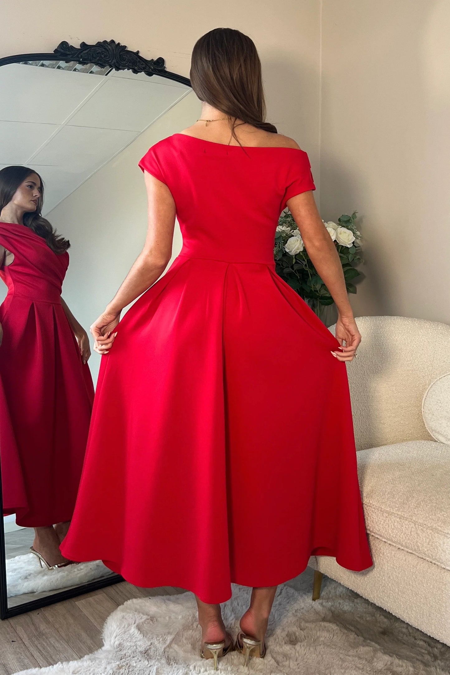 Girl In Mind Betty Asymmetrical Neckline Skater Midi Red