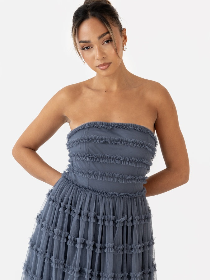 Anaya Vintage Indigo Bandeau Ruffle Midi Dress