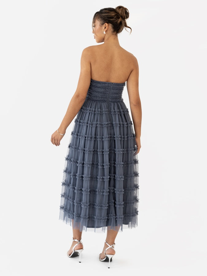 Anaya Vintage Indigo Bandeau Ruffle Midi Dress
