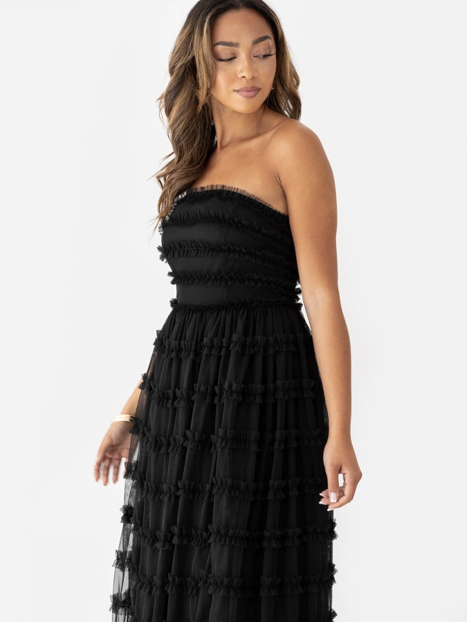 Anaya Black Bandeau Ruffle Midi Dress