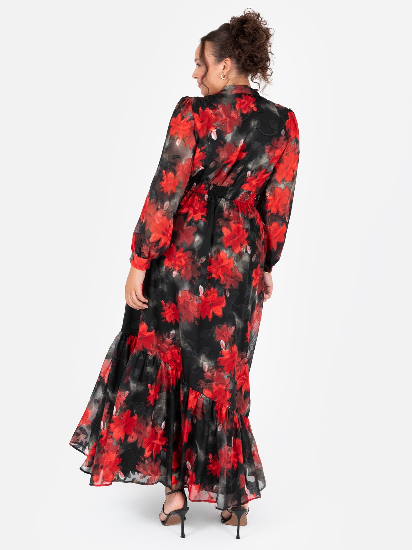 Lovedrobe Floral Tie Neck Long Sleeve Maxi Dress