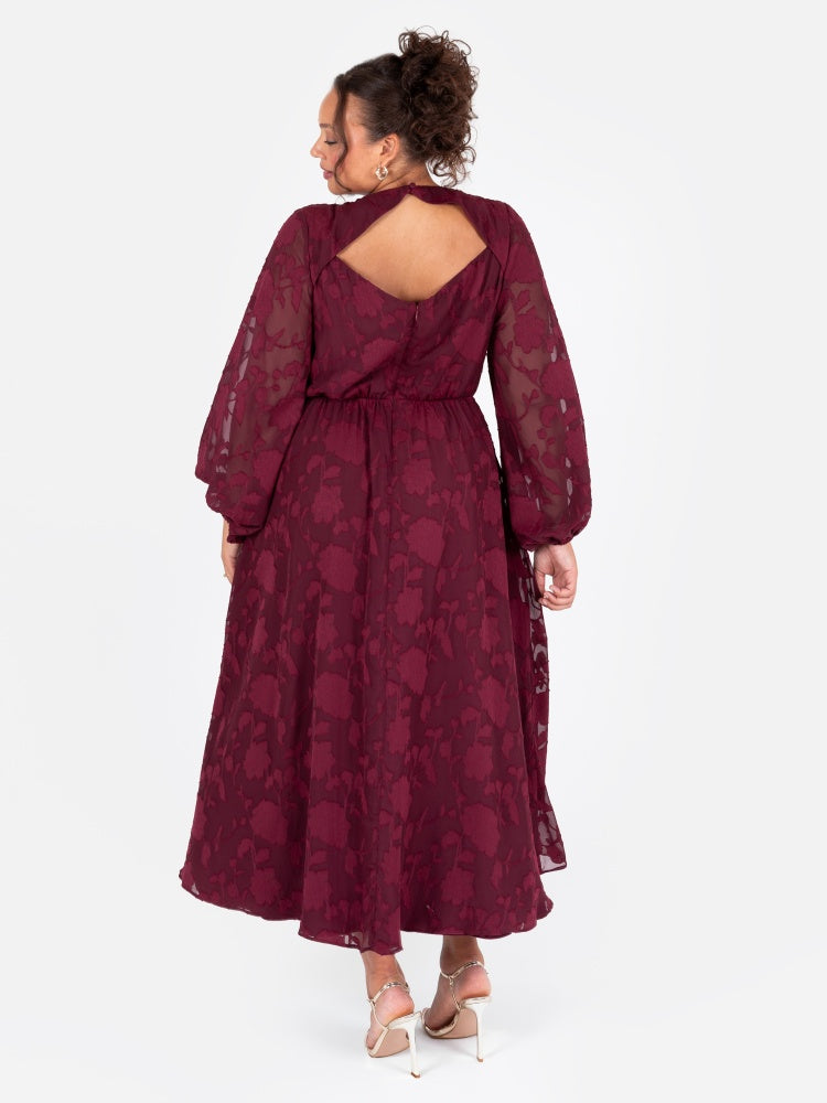 Lovedrobe Red Floral Burnout Long Sleeve Keyhole Back Midaxi Dress