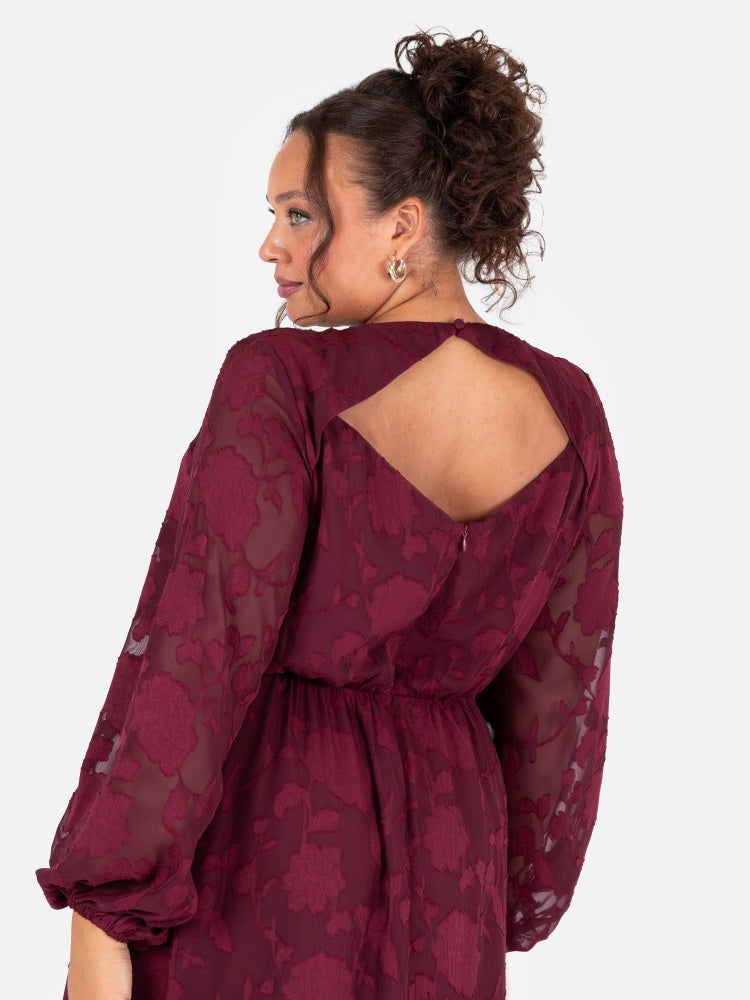 Lovedrobe Red Floral Burnout Long Sleeve Keyhole Back Midaxi Dress
