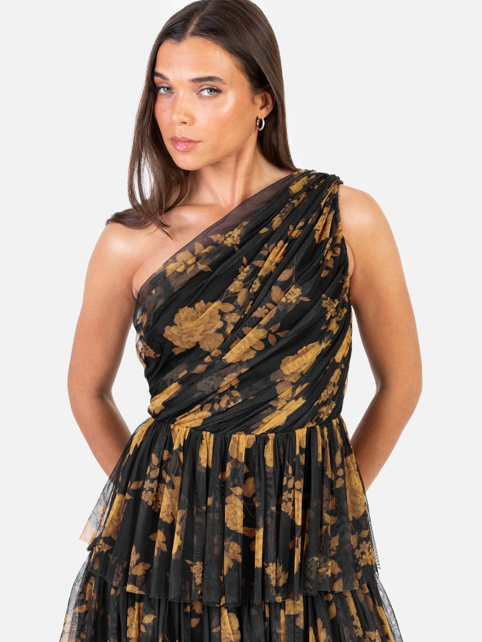 Anaya Floral One Shoulder Tiered Midi Dress