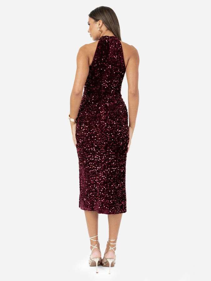Maya Burgundy Embellished Velvet Halter Neck Dress