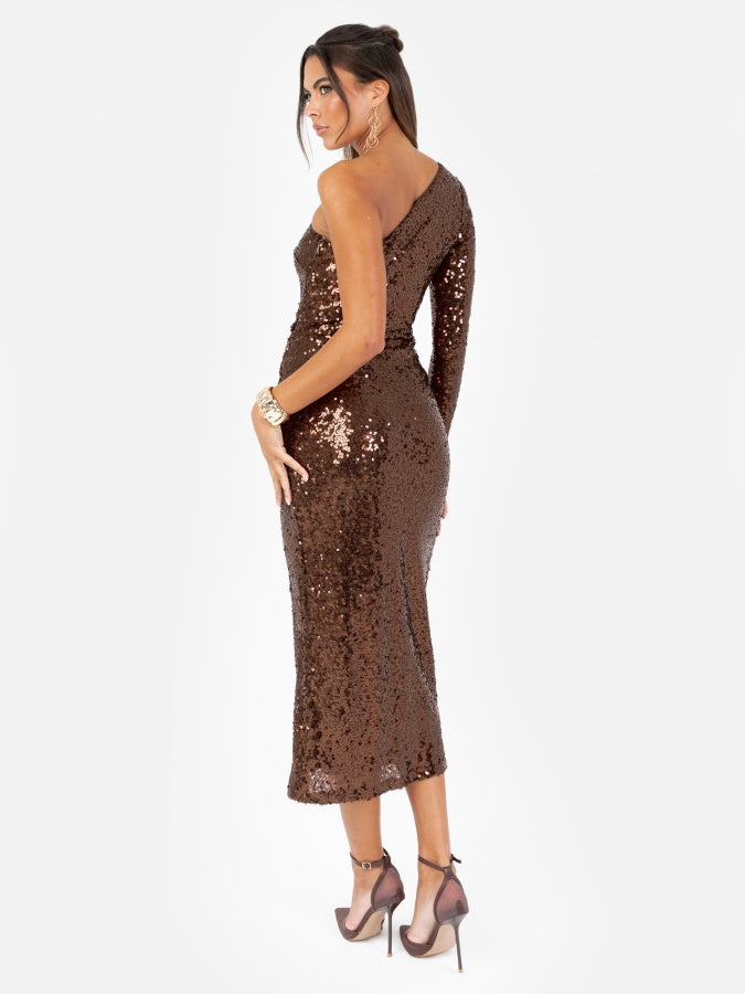Maya Brown One Sleeve Embellished Midaxi Dress