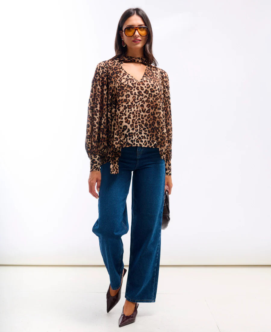 Needs No Label Leopard Print Tie Neck Blouse