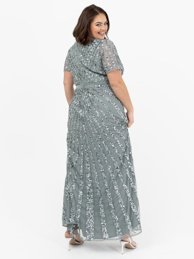 Maya Misty Green Short Sleeve Stripe Embellished Maxi Dress