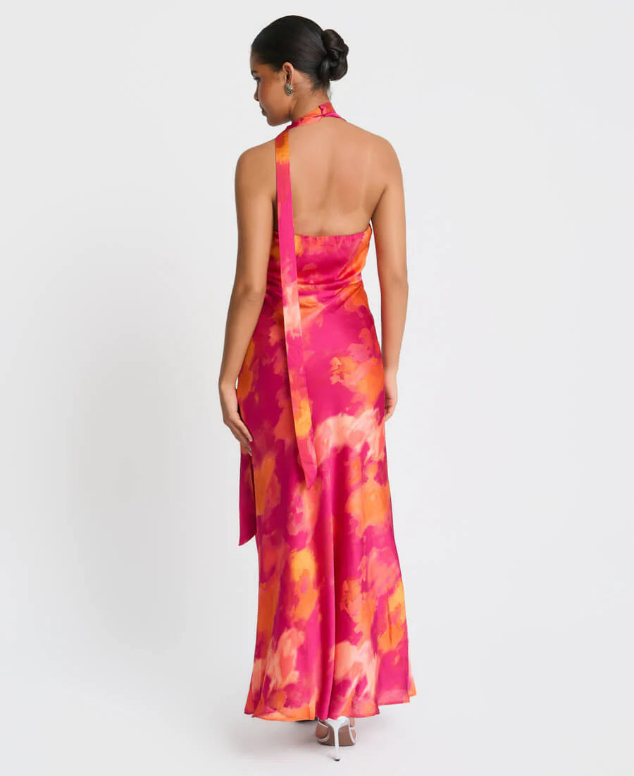 Needs No Label Orange and Fuschia Tie Neck Marble Maxi Dress