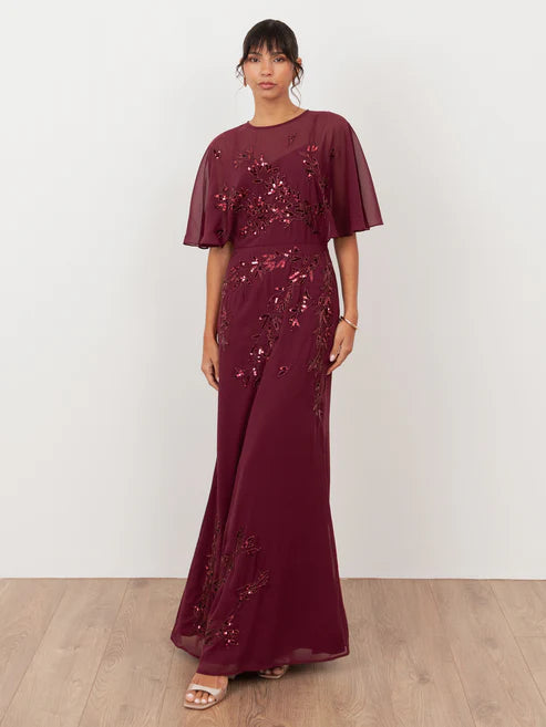 Maya Floral Embelished Angel Sleeve Maxi Dress In Cranberry