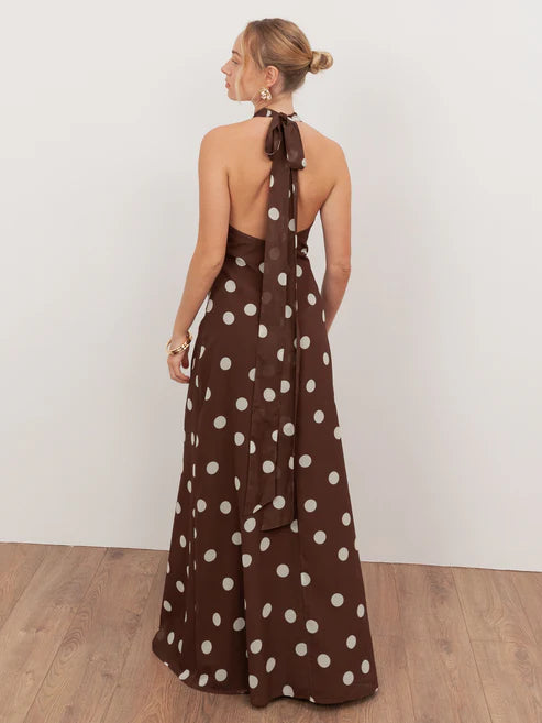 Anaya Brown Polka Dot Halter With Open Back Maxi Dress