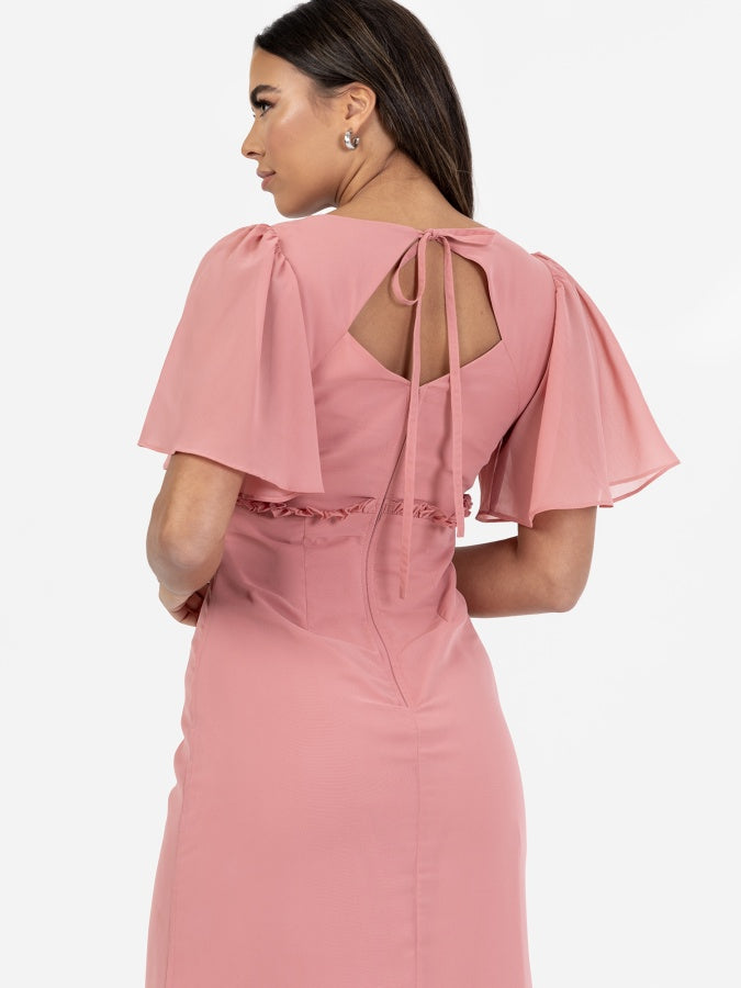 Anaya Dusty Rose V Neck Flutter Sleeve Maxi Dress With Frill Detail