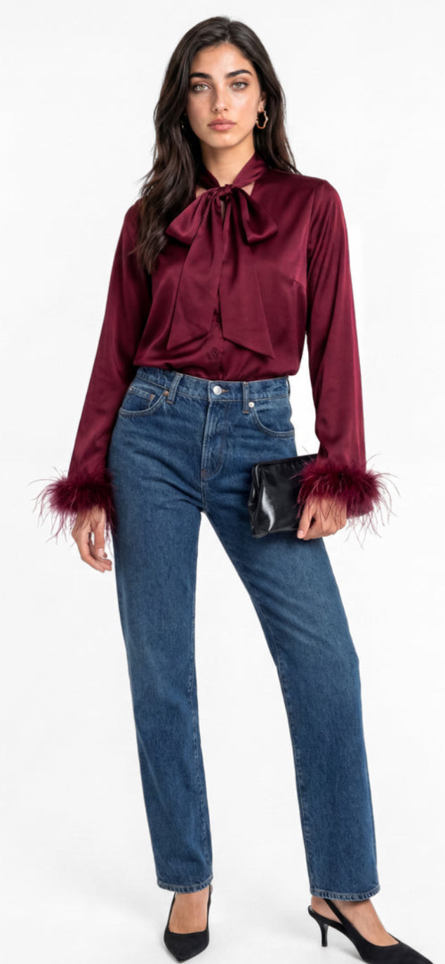 Lovedrobe Bow Collar Feather Cuff Satin Blouse