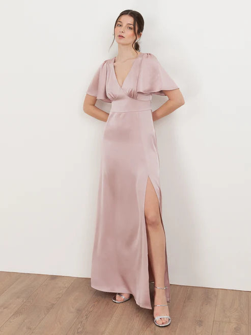Maya V Neck Satin Maxi Dress With Angel Sleeve