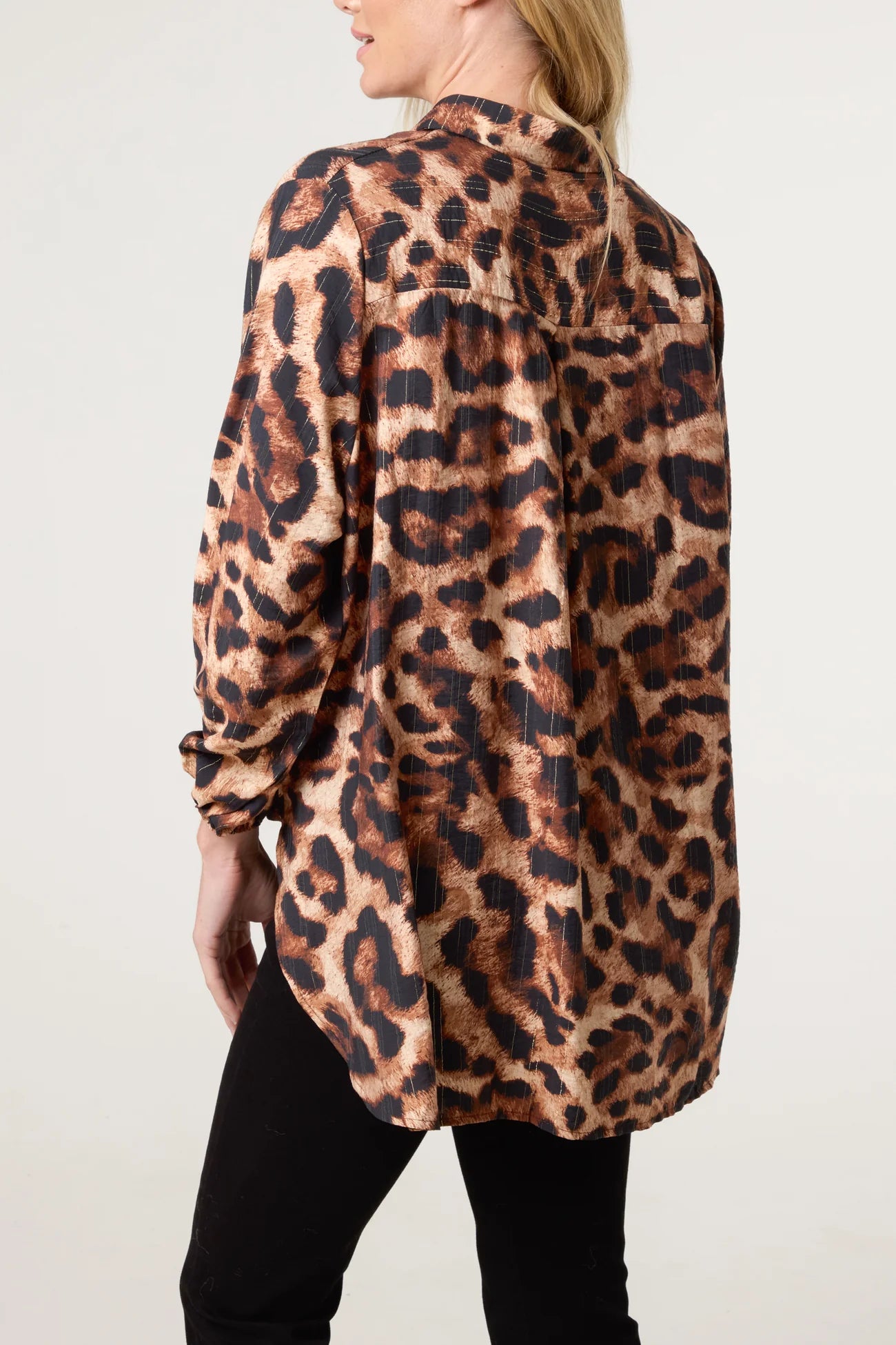 V-neck Leopard Print Metallic Detail Oversized Shirt