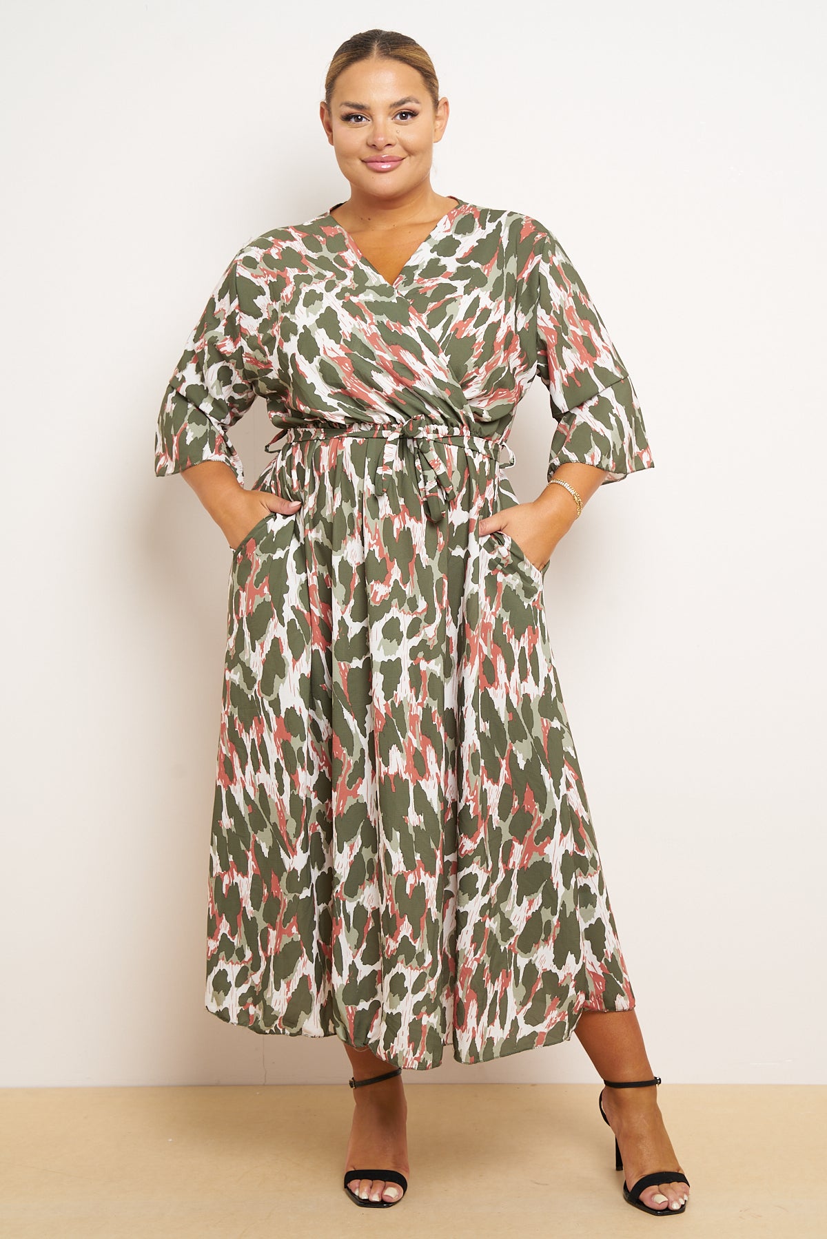 Wrap Dress With 3/4 Length Sleeve And Pockets