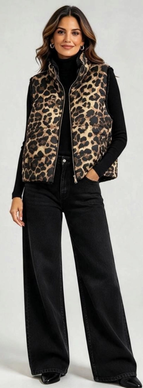 Faux Fur Animal Print Reversible Gilet