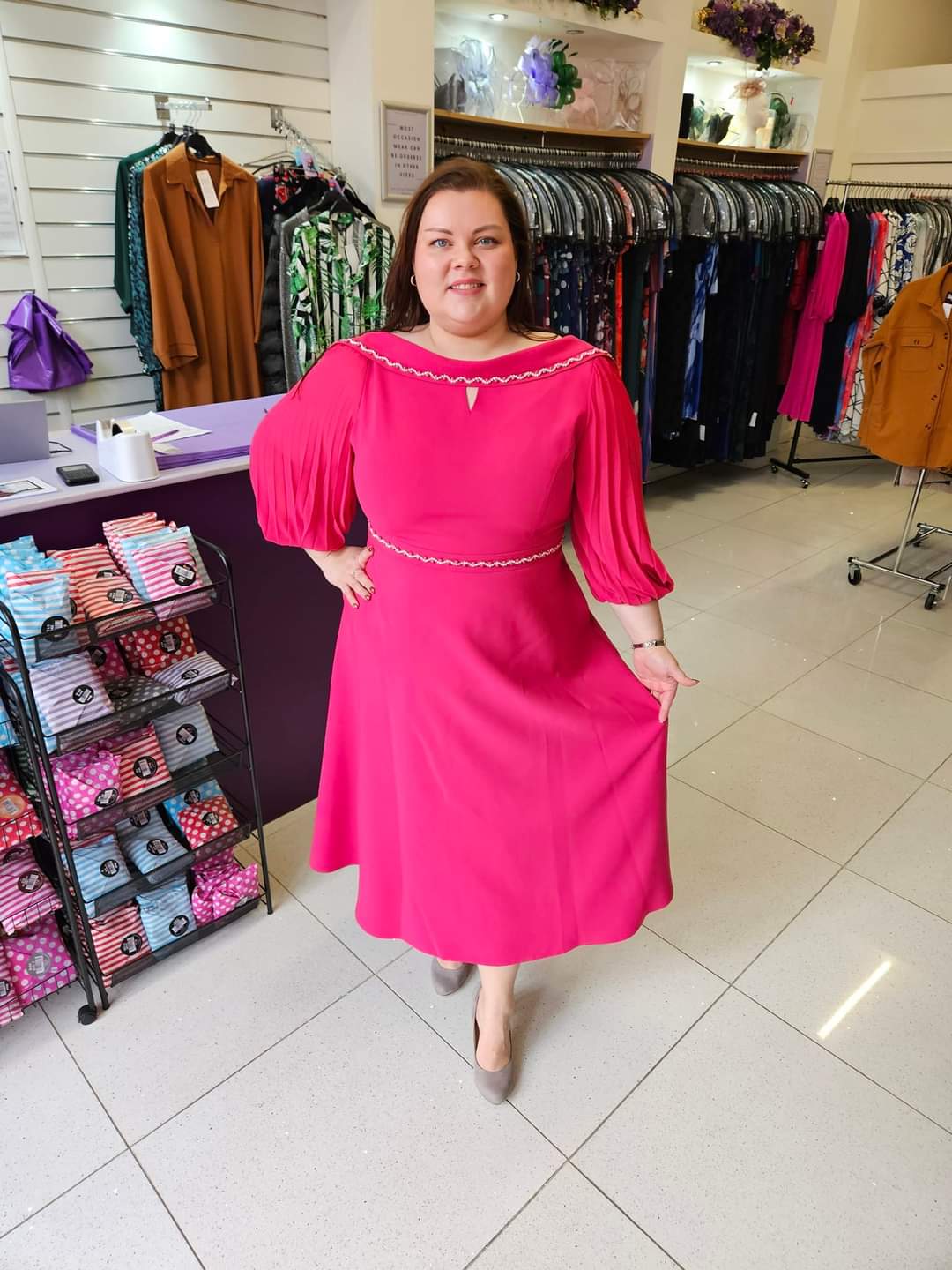 Lizabella Raspberry Pink Boat Neck Embellished Dress