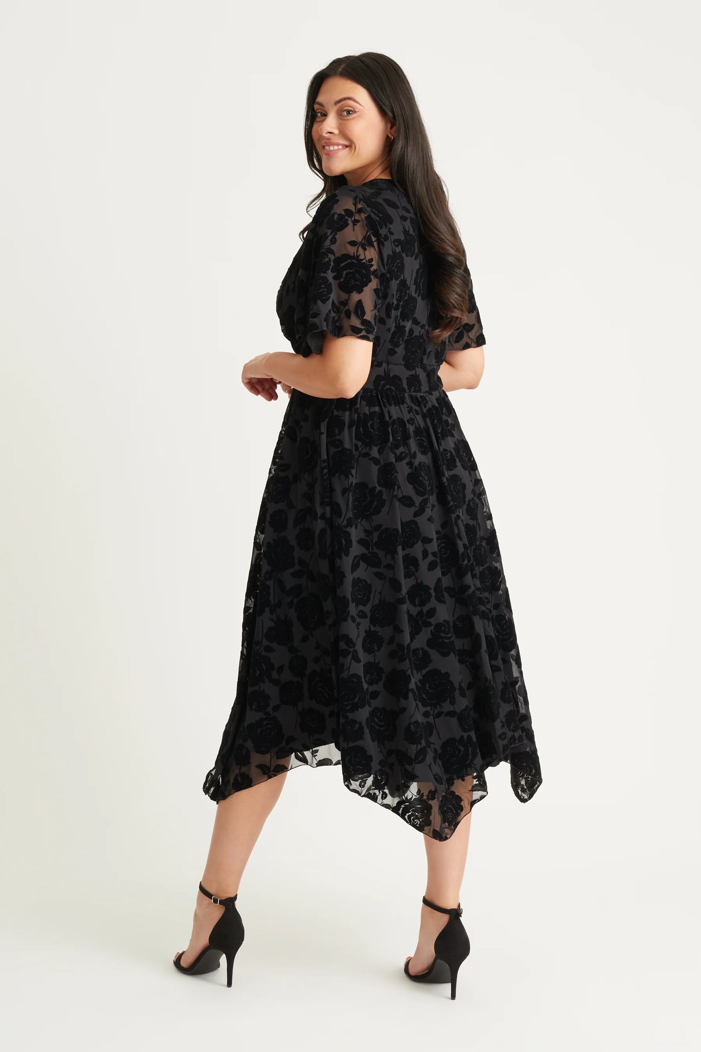 Scarlett & Jo Julie Black Velvet Flock Hanky Hem Dress