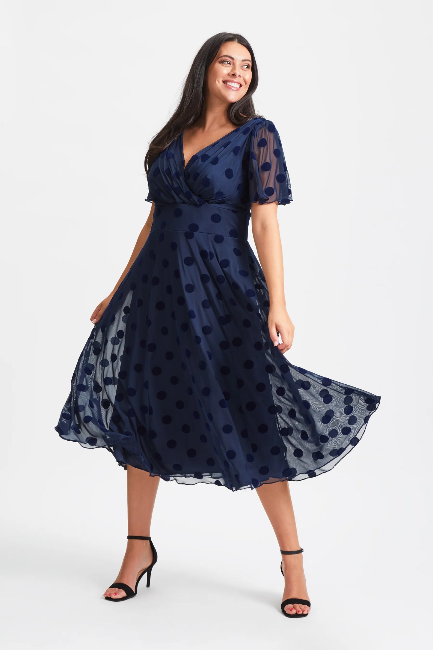 Scarlett & Jo Victoria Dark navy Velvet Spot Midi Dress