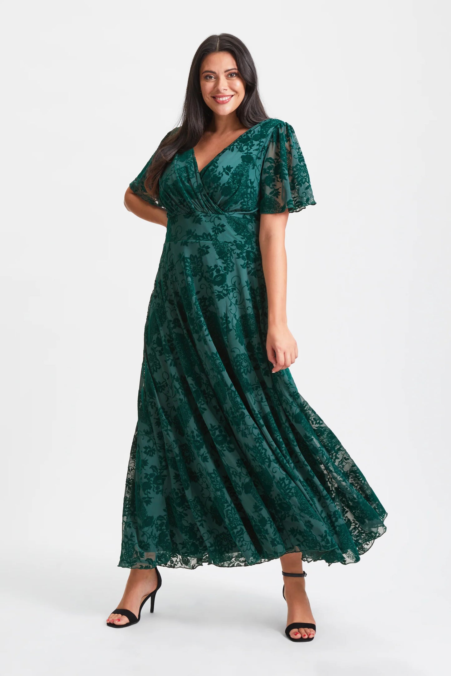Scarlett & Jo Isabelle Dark Green Velvet Flock Maxi Dress