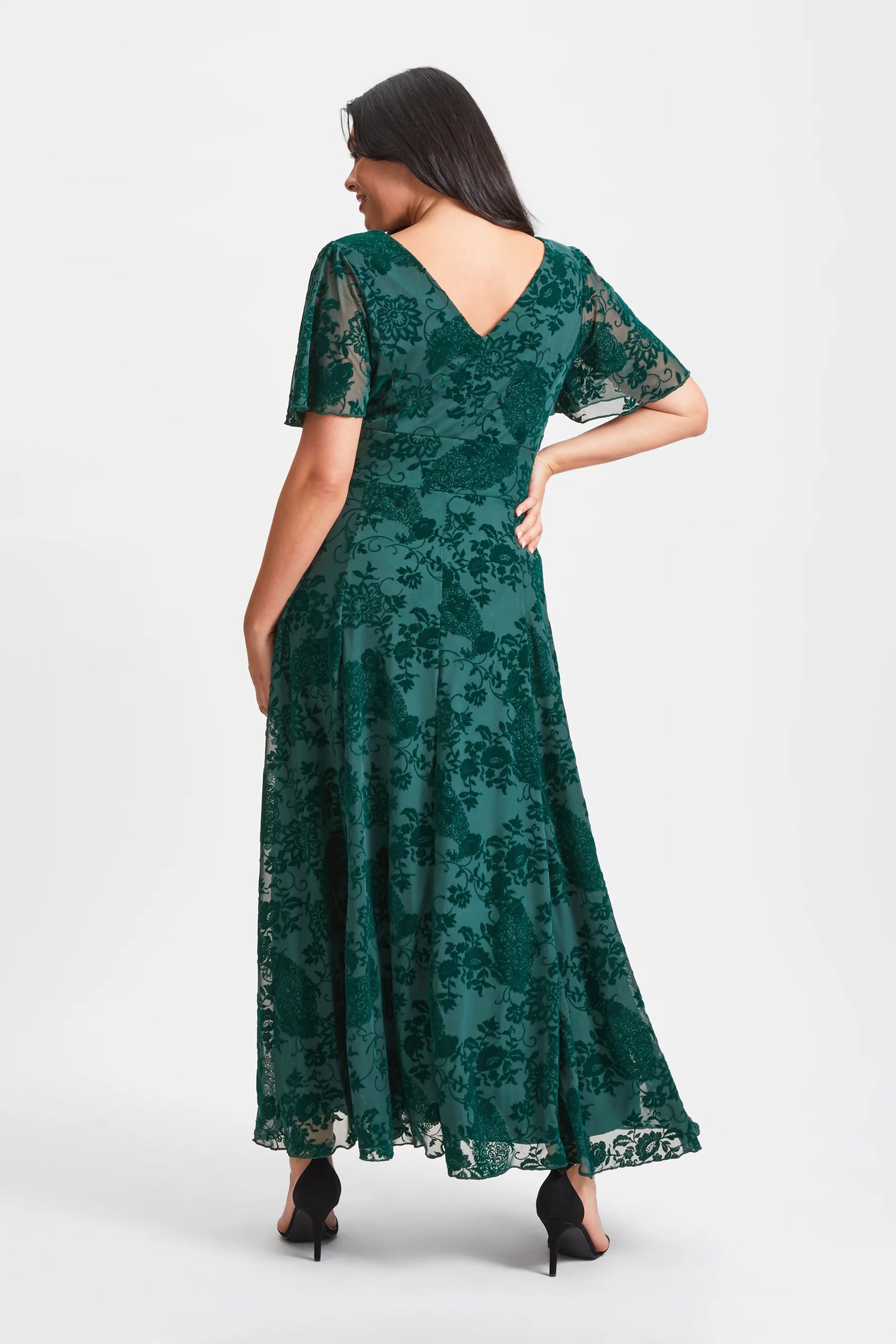 Scarlett & Jo Isabelle Dark Green Velvet Flock Maxi Dress