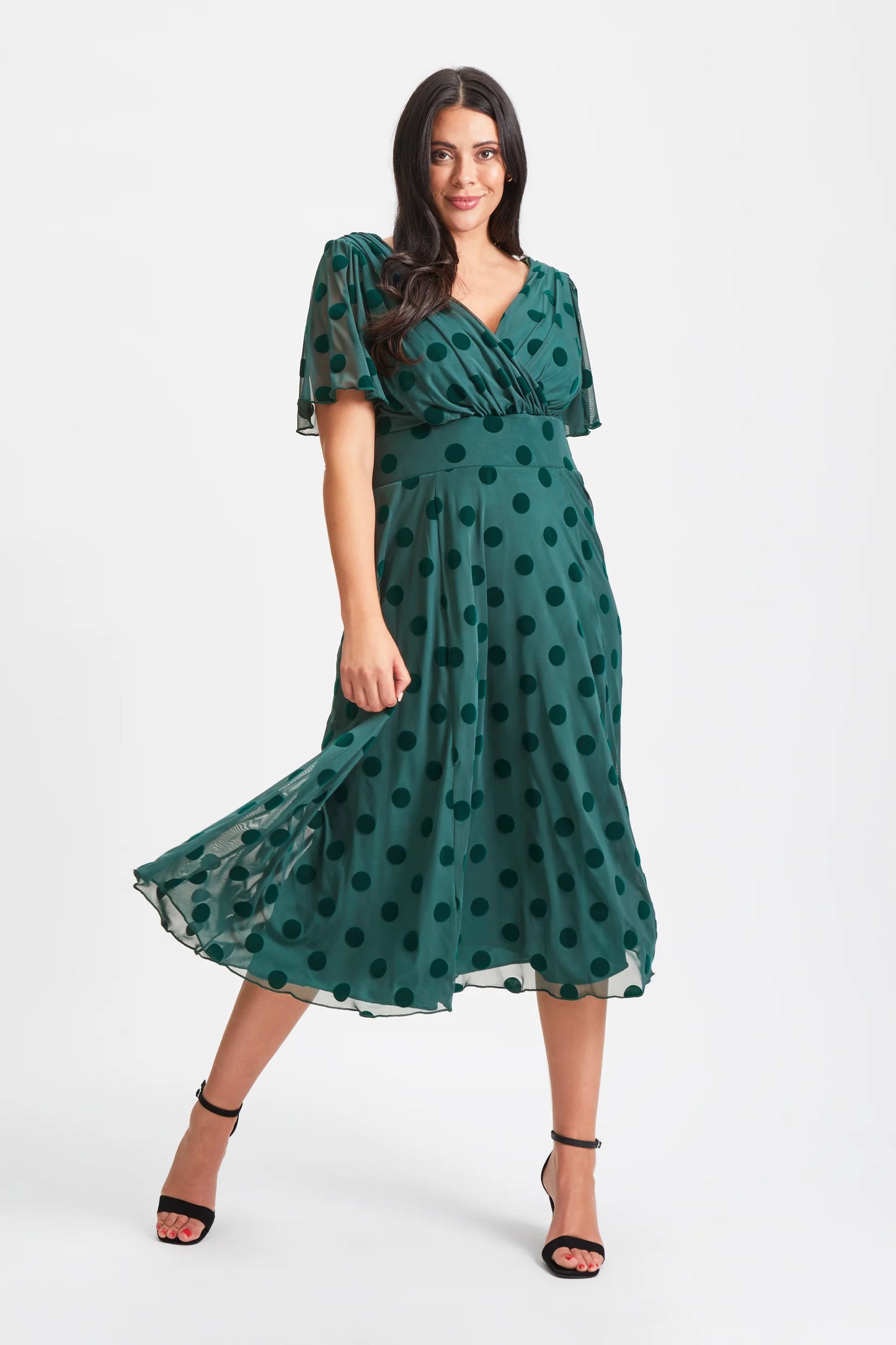 Scarlett & Jo Victoria Dark Green Velvet Spot Midi Dress